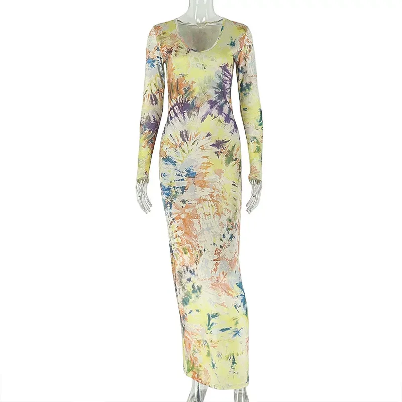 Vintage Floral Bodycon Dress for Women Long Sleeve Round Neck Slim Fit Versatile Style Perfect f