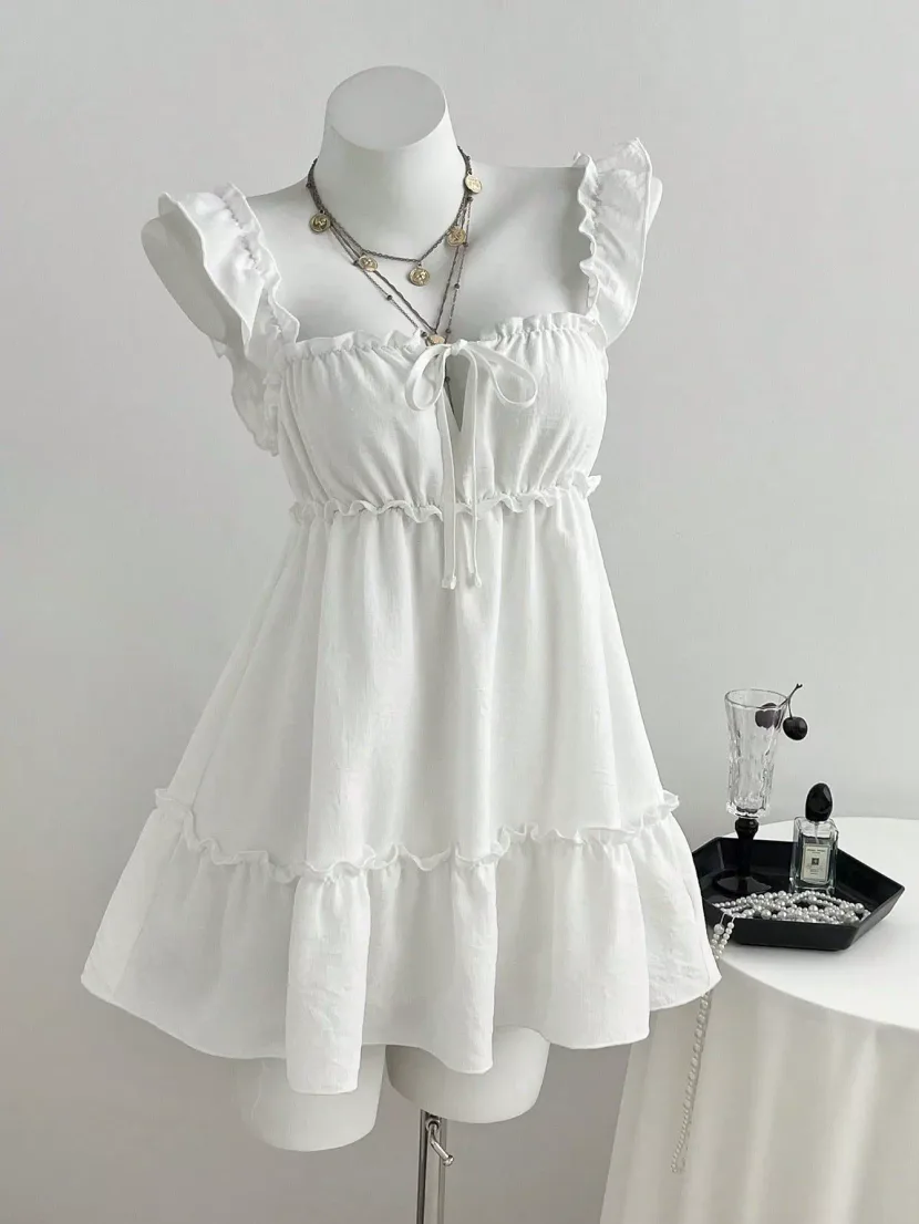 Summer Womens A Line Sleeveless Dress Ruffle Hem Lightweight Fabric Elegant Style Ready to Ship