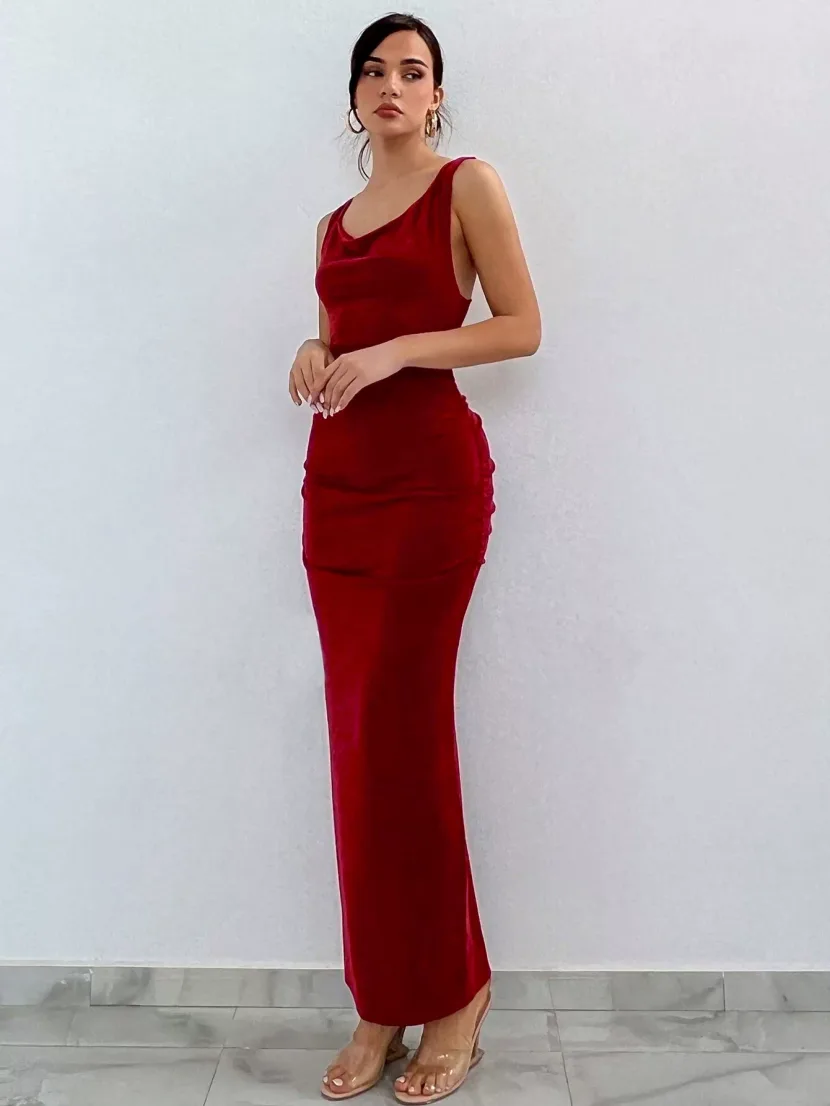 Backless Bodycon Maxi Dress Round Neck Cross Back Design Slim Fit Perfect for Parties and Evenin