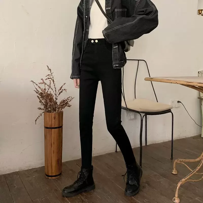 跨境2023春秋新款韩版黑色牛仔裤女 学生高腰显瘦紧身小脚直筒裤