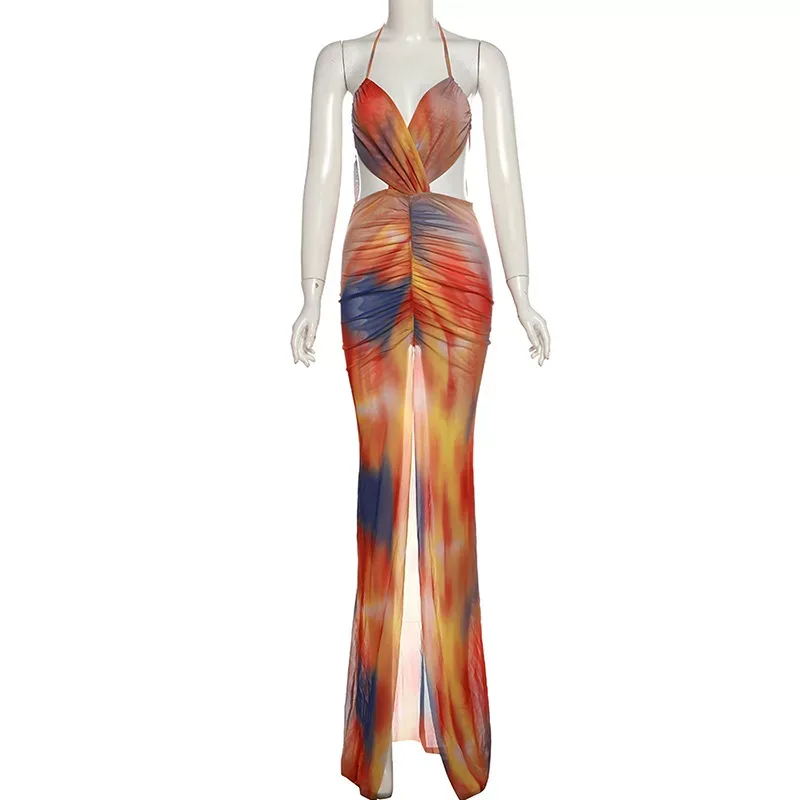 Summer Womens Dress Sexy Halter Neck Backless Design Floral Print Mesh Panel Casual Party Wear O