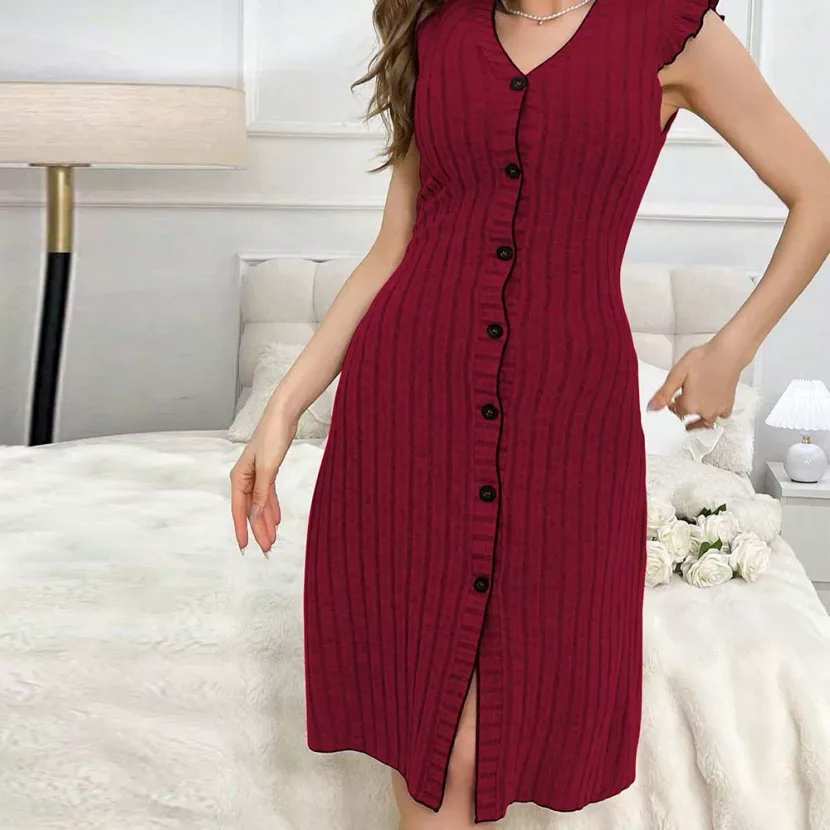 Red Short Sleeve Casual Dress Comfortable Fabric V Neck Sleeveless Spring Summer Home Wear Whole