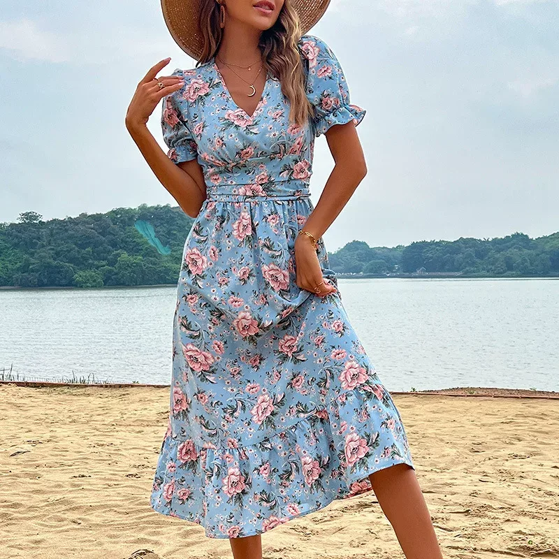 Vintage Sweetheart Neckline Summer Beach Dress Retro Style Comfortable Fabric Perfect for Vacati