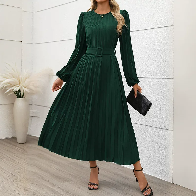 Elegant Long Sleeve Pleated Dress in Dark Green and Navy Blue for Autumn Office Wear Wholesale Low MOQ