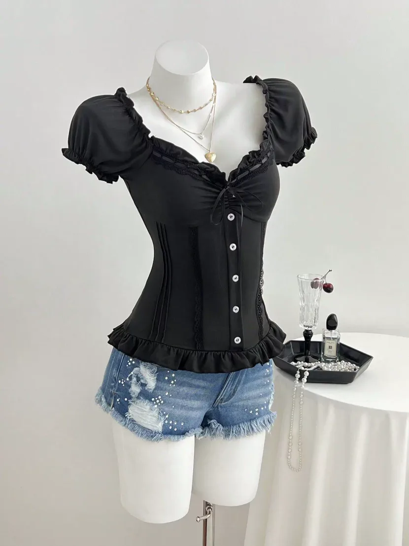 Summer Womens T Shirt Sweet Style Puff Sleeves Bow Tie Design Casual Wear Ready to Ship OEM ODM