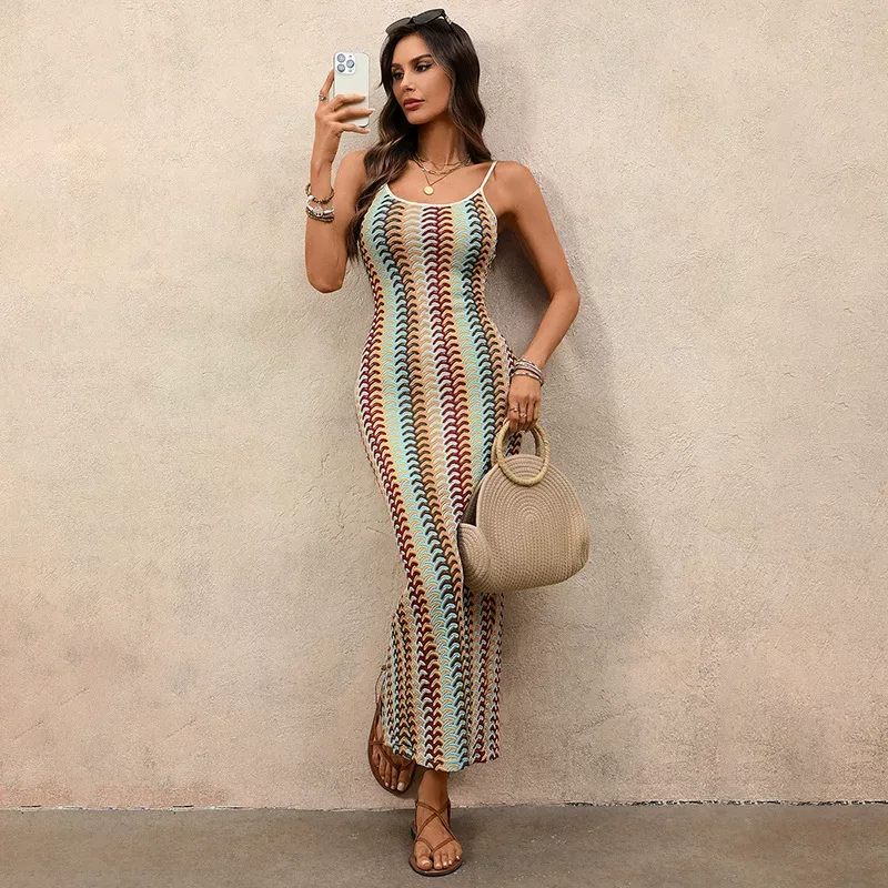 Strapless Bodycon Dress Ethnic Striped Knit Vacation Style Summer Wear Wholesale Available fast