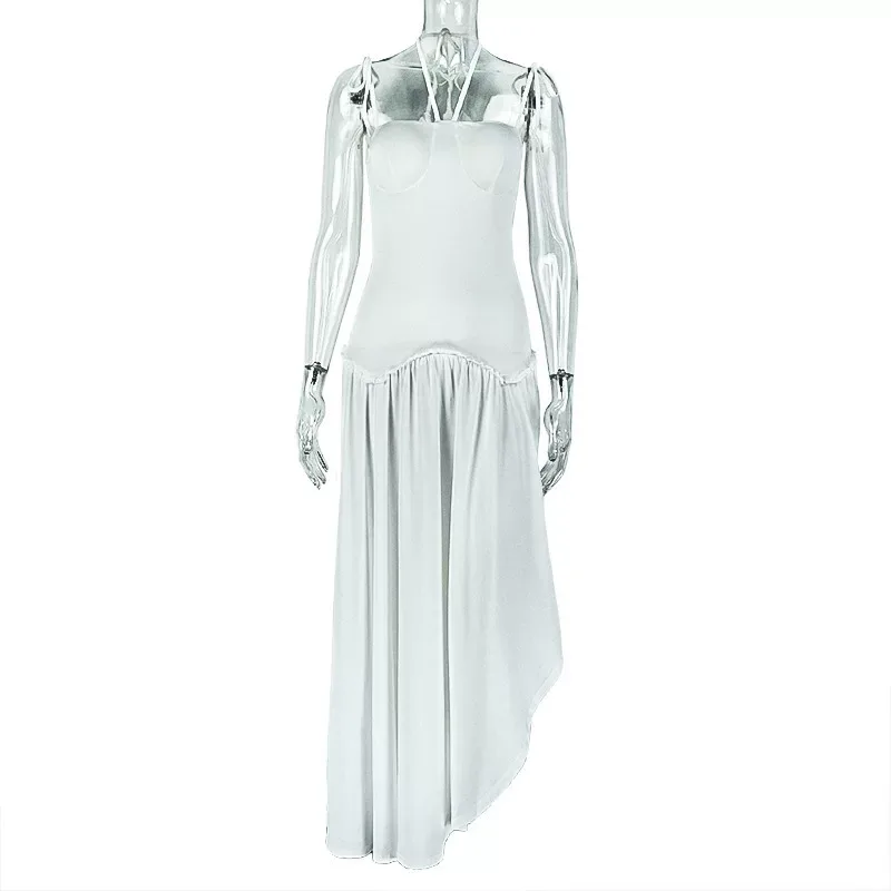 Casual A Line Dress Solid Color Ruched Waist Backless Halter Neck Street Style for Summer Wholes