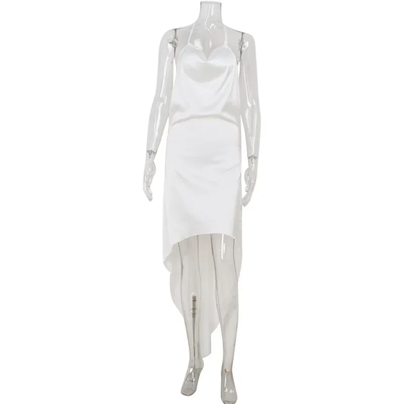 Spring Womens Dress Elegant Satin Fabric Sleeveless High Low Hem Backless Design Perfect for Par