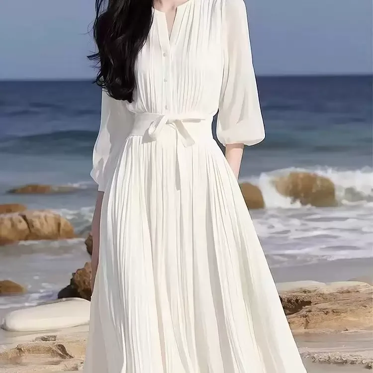 White Chiffon Dress for Women Elegant Fit Short Sleeve Round Neck Casual Summer Wear
