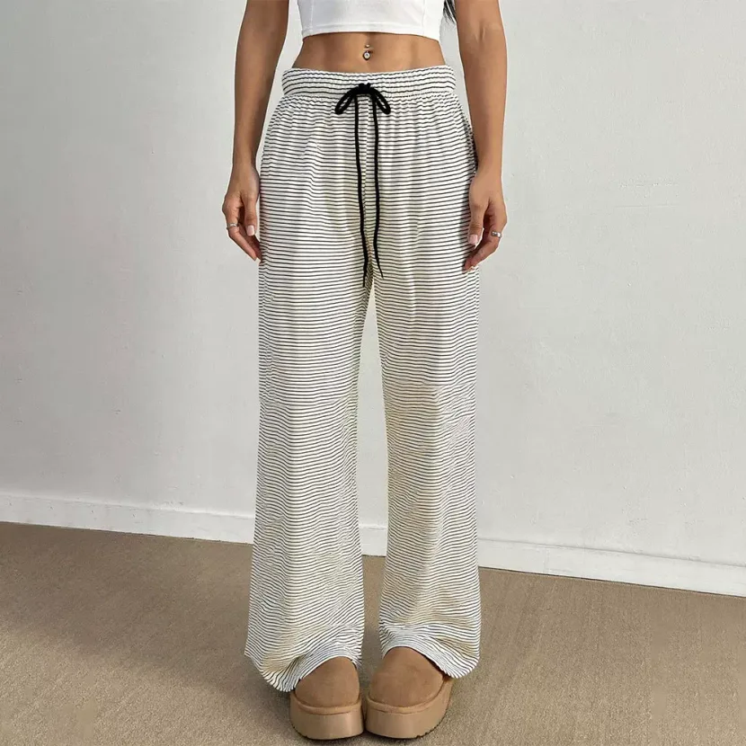 Womens Striped Print Wide Leg Trousers Comfortable Loose Fit Casual Style Ideal for Home and Lei