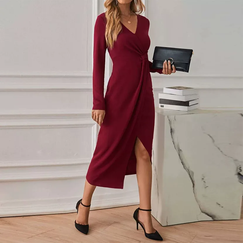 V Neck Midi Dress Elegant Long Sleeve High Slit French Style Perfect for Parties and Events Whol