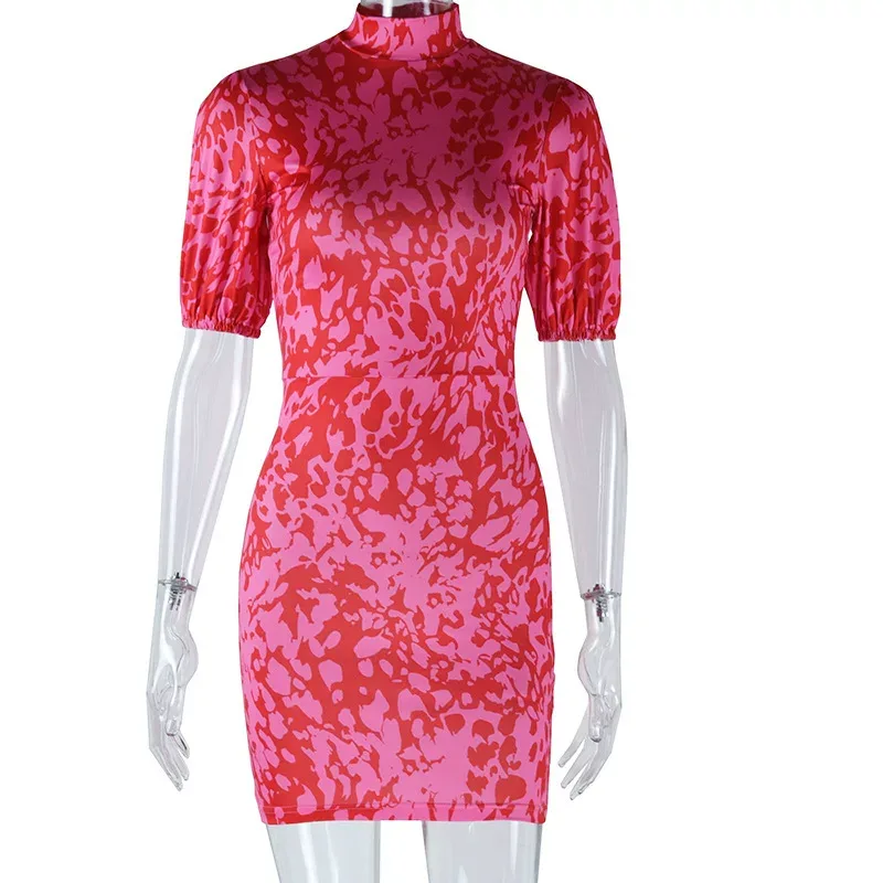 Fashionable Lantern Sleeve Mini Dress Stand Collar Printed Shoulder Pads Slim Fit Casual Summer