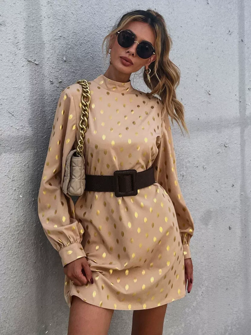 Elegant Polka Dot Long Sleeve Dress Womens Fashion European and American Style Chic Design Perfe