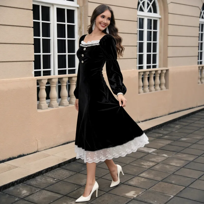French Velvet Long Dress Black Elegant Waist Defined Autumn Winter Fashion Wholesale Available