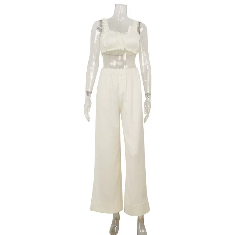 French Style Womens Satin Camisole and Pants Set Soft Peach Color Ruffle Trim Comfortable Fabric