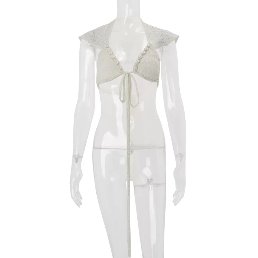 Spring Womens Sexy Hollow Out Crop Top Short Flutter Sleeves Tie Design Trendy Style Perfect for