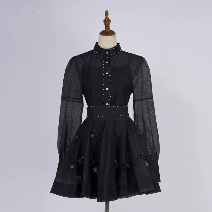 Womens Lantern Sleeve Button Up Shirt and A Line Skirt Set Casual Spring Summer Fashion Available in Multiple Colors