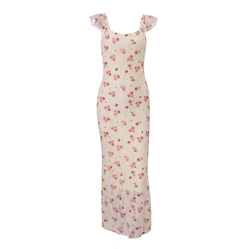 Retro Square Neck Rose Backless Dress Sweet and Spicy Style Autumn Collection Wholesale Availabl