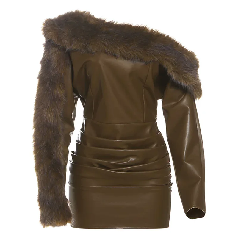 Fashionable Womens Bodycon Dress Asymmetrical Shoulder Faux Fur Collar Leather Patchwork Autumn