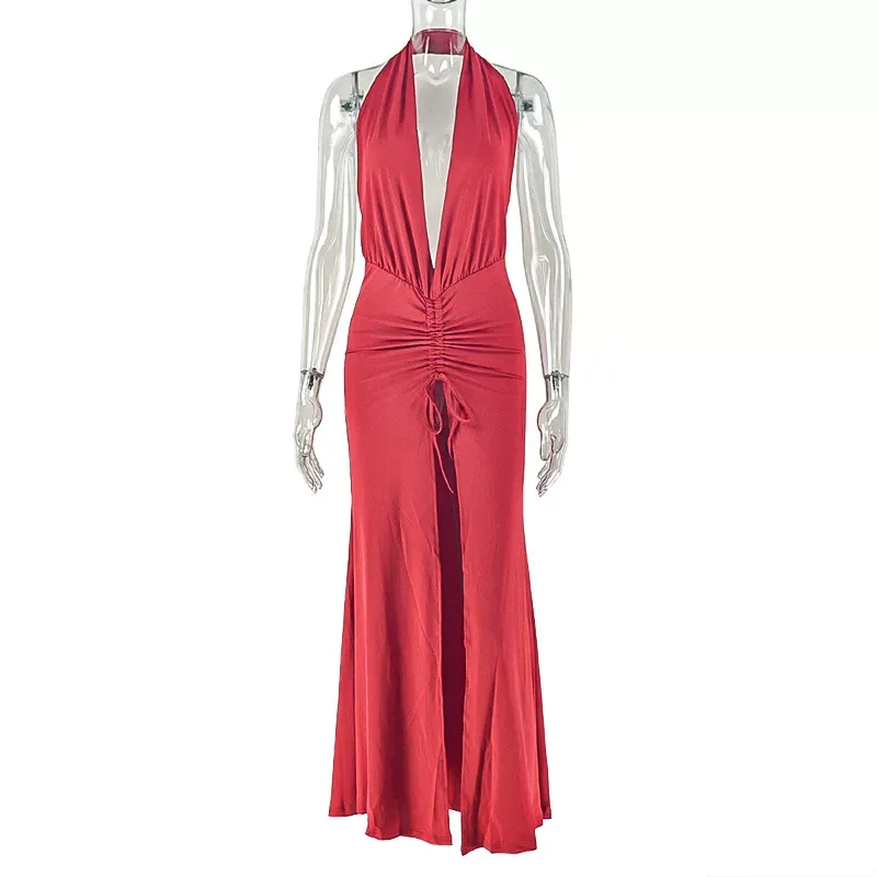 Elegant Womens Bodycon Dress Solid Color Deep V Neck Backless Ruched Design Perfect for Parties