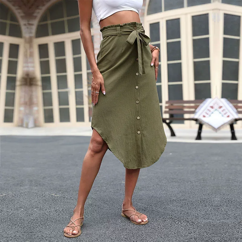 Womens Solid Color Asymmetrical Split Midi Skirt Fashionable Summer Style Perfect for Casual or