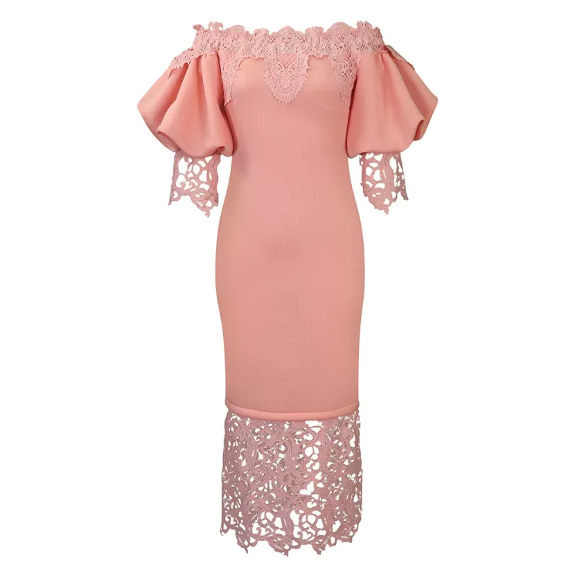 Off Shoulder Lace Trimmed Evening Dress Lantern Sleeves Elegant Design Perfect for Parties Whole
