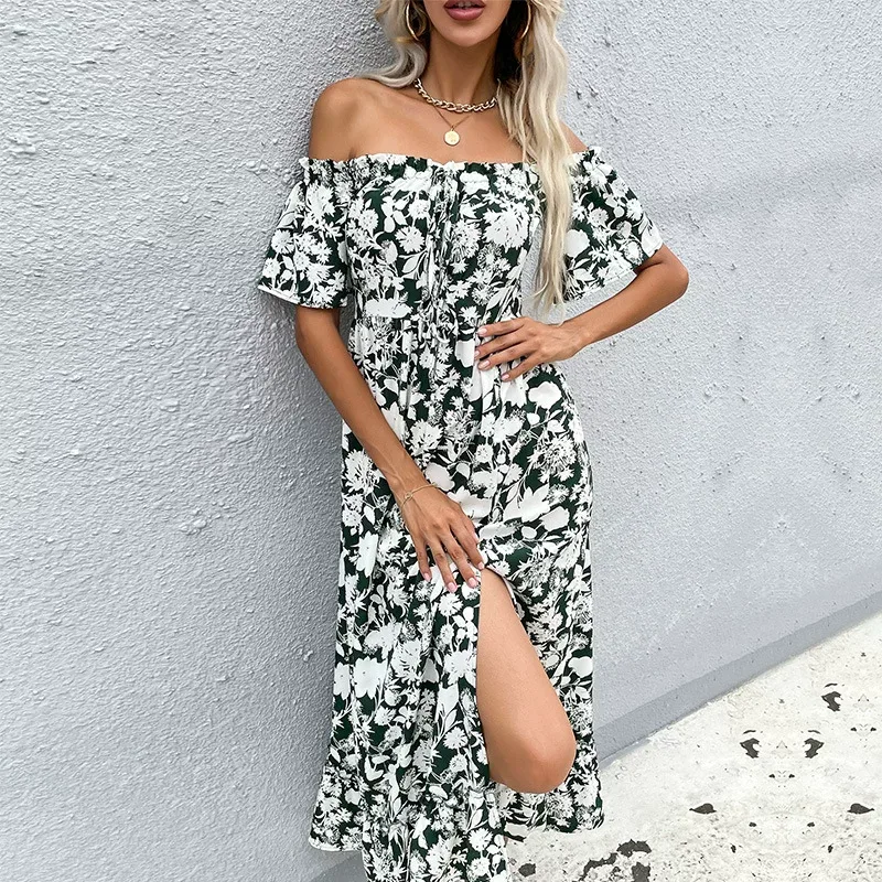 Summer Floral Off Shoulder Midi Dress Slim Fit Short Sleeve Waist Defining Casual Wear Wholesale