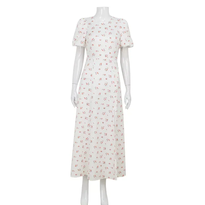 Floral Print Maxi Dress French Style Round Neck Puff Sleeves Backless High Slit Summer Casual We