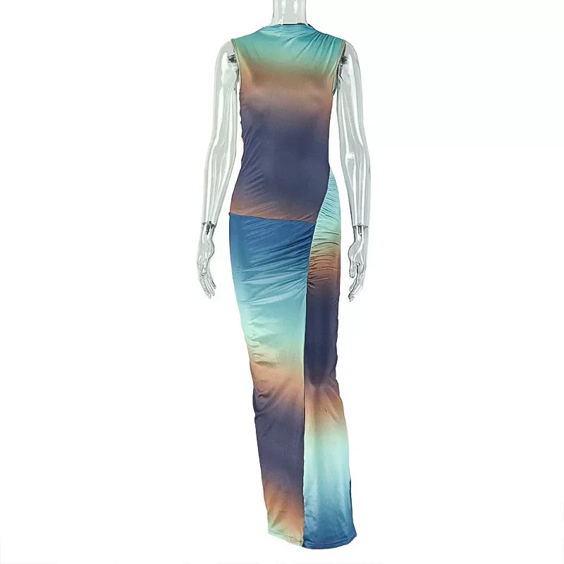 Color Block Ruched Maxi Dress Stylish Sexy Versatile Perfect for Streetwear or Casual Occasions