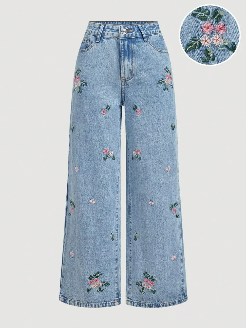 Casual Womens Embroidered Straight Leg Jeans Blue Denim Various Sizes private label Casual Womens Embroidered Straight Leg Jeans Blue Denim Various Sizes private label