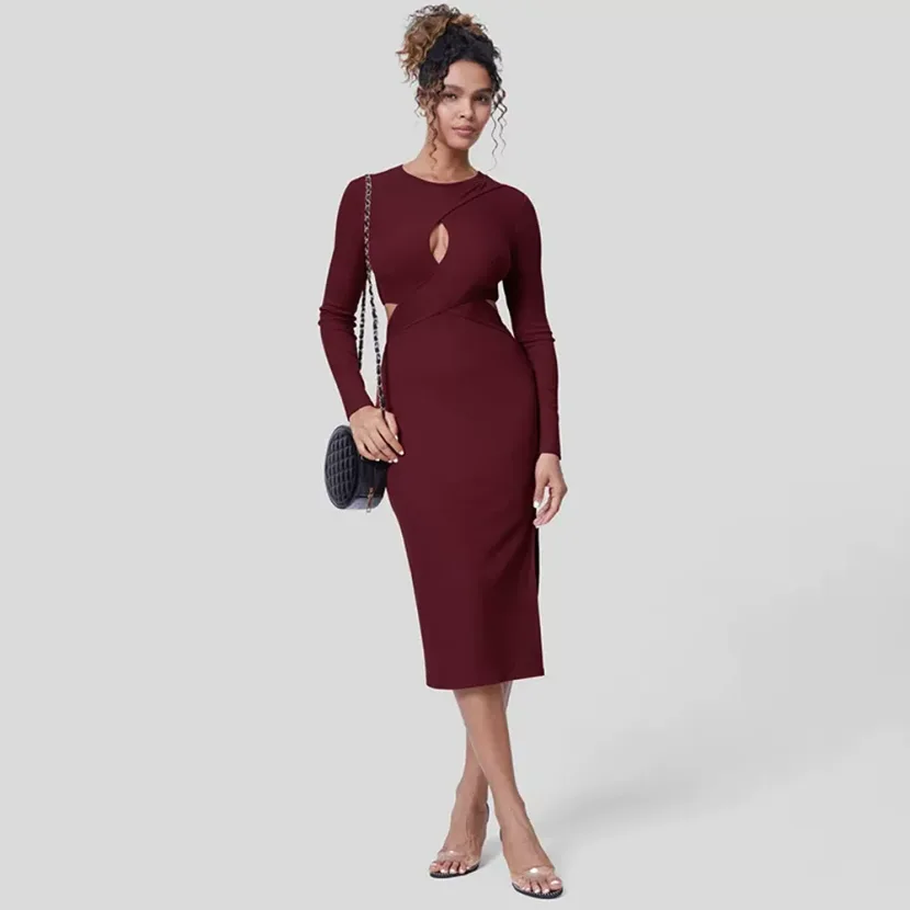 Slim Fit Hollow Out Long Sleeve Dress Solid Color Round Neck Bodycon Side Slit Elegant for Eveni