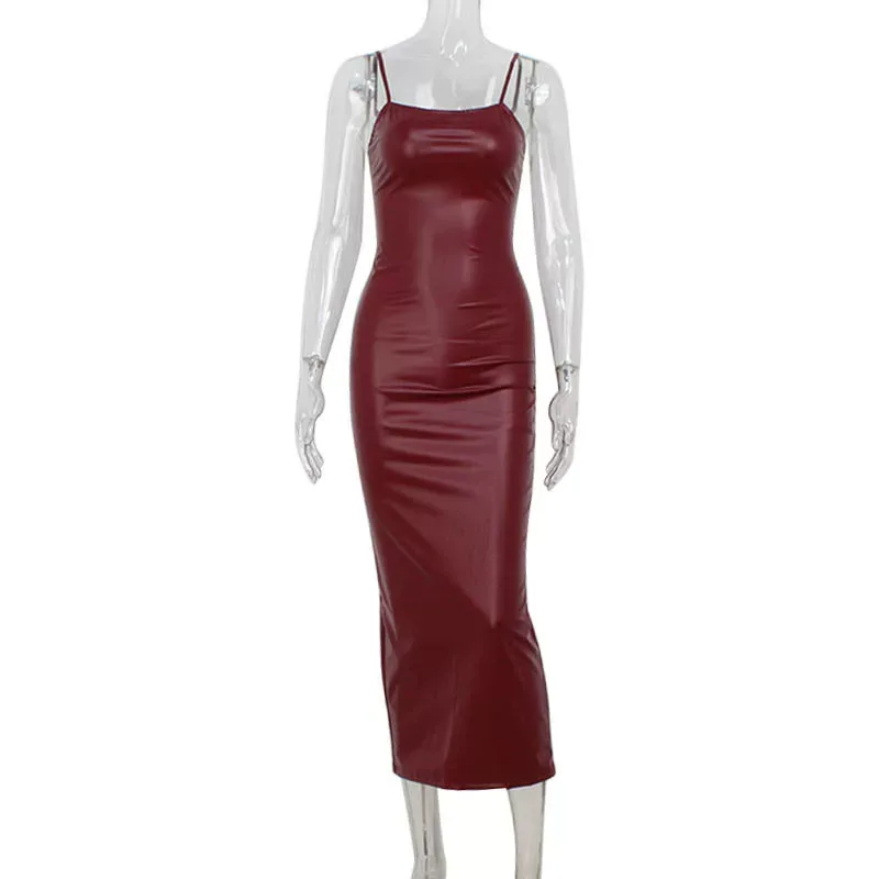 Vintage Burgundy PU Leather Bodycon Dress Spaghetti Straps High Slit Elegant Style Perfect for P