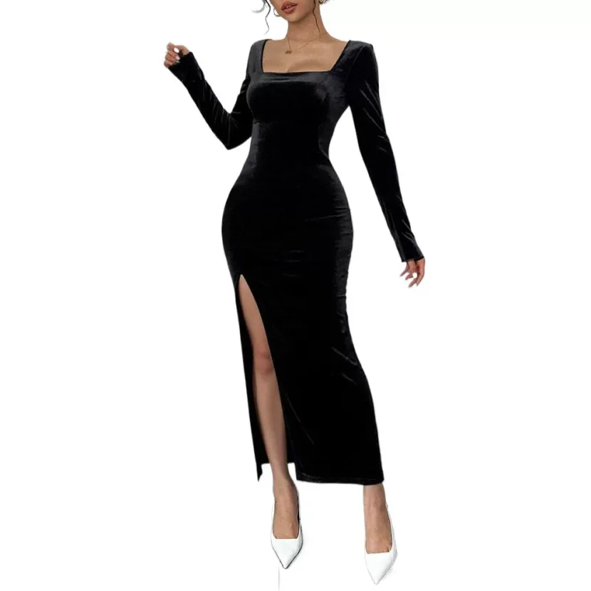 Velvet Maxi Dress High Waist Sexy Split Long Sleeve Square Neck Spring Summer Fashion Wholesale