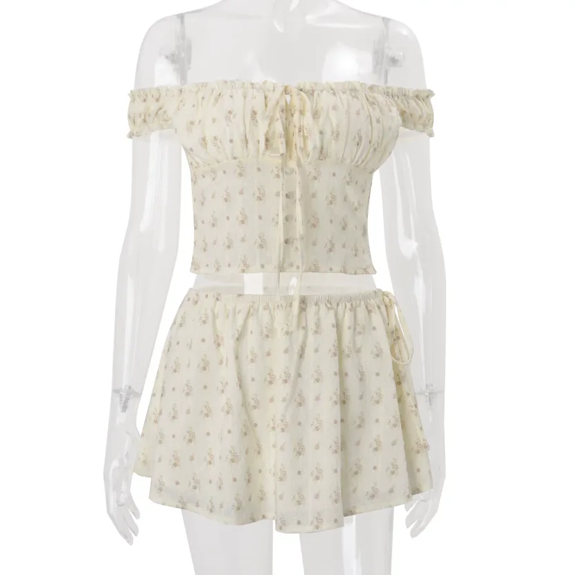 Spring Womens Floral Print Top and A Line Skirt Set Sweet Style Off Shoulder Neckline Slim Fit P