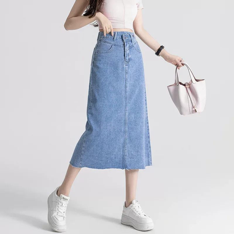 时尚牛仔半裙女小个子高腰半身裙夏复古开叉设计感a字中长款显瘦