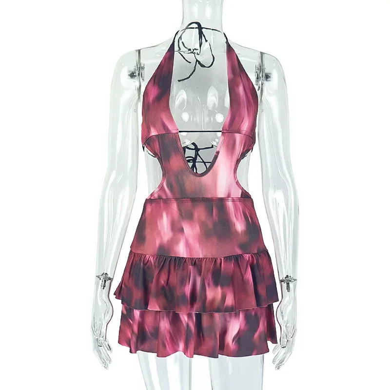 Backless Floral Print Halter Neck Mini Dress Slim Fit Cake Style Fresh Design Perfect for Vacati
