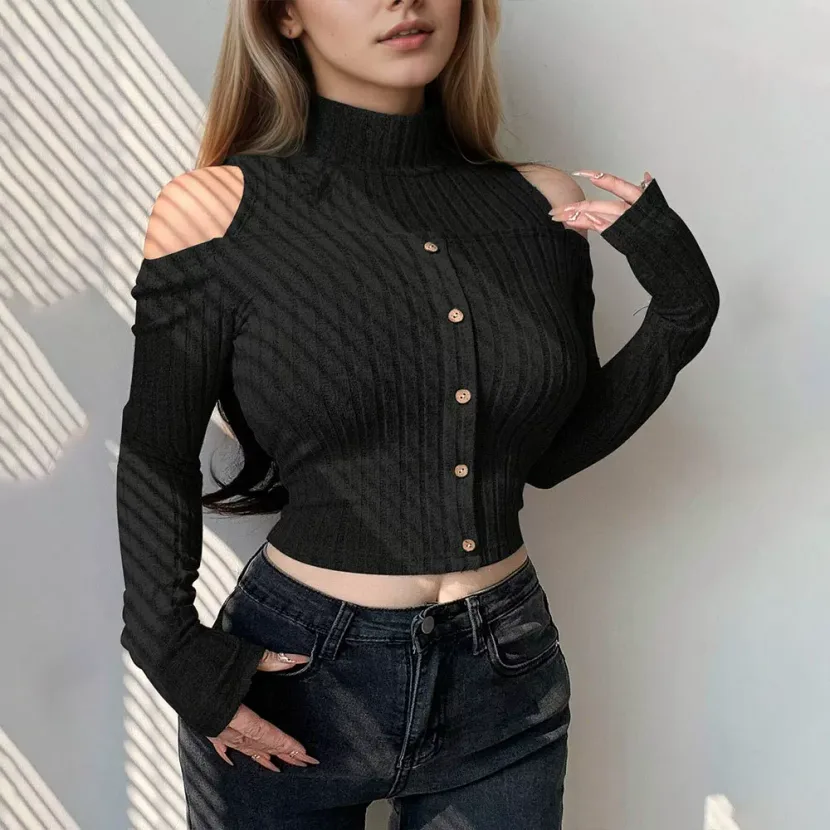 Womens Korean Style Trendy Long Sleeve Crop Top Off Shoulder Design Spring Summer Casual Wear Wh