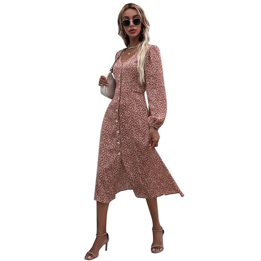 Floral V Neck Long Sleeve Dress Slim Fit Mid Length Elegant Style Perfect for Spring and Summer