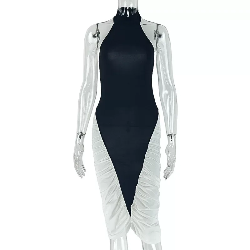 Color Block Black and White Bodycon Dress Sleeveless Fashionable Casual Style Perfect for Work o