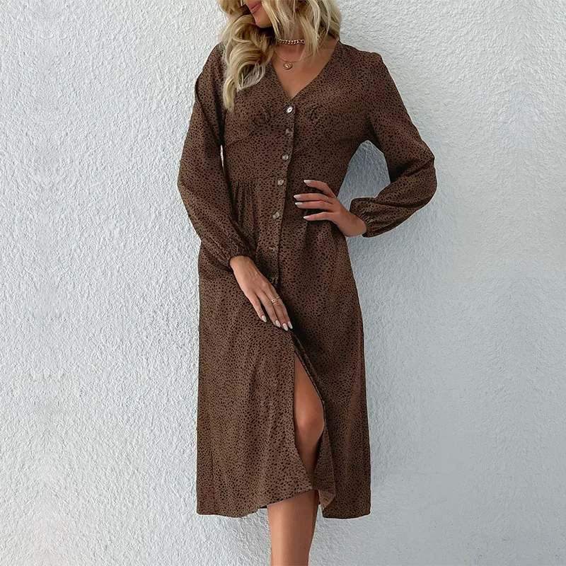 Fashionable Womens Long Sleeve Dress V Neck Single Breasted Elegant Design Autumn Wear Wholesale