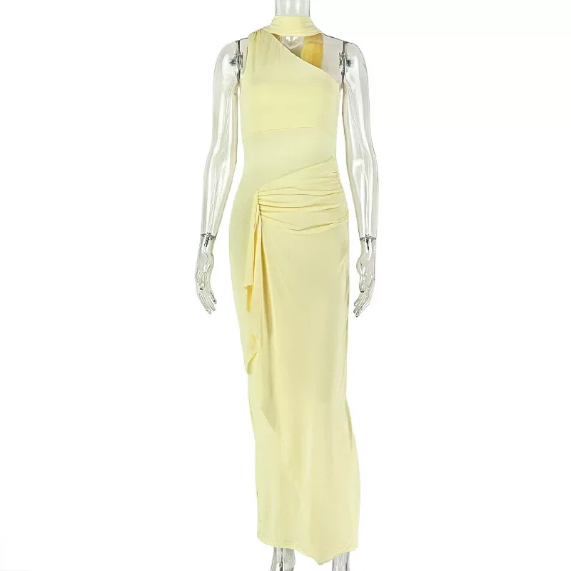 Fashionable Womens Bodycon Dress Ruffled Slim Fit Sleeveless Asymmetrical Neckline Casual or Eve
