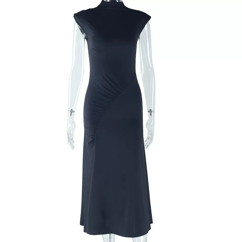 Womens Elegant Solid Color Sleeveless Dress Round Neck Irregular Hem Chic Style Perfect for Casu