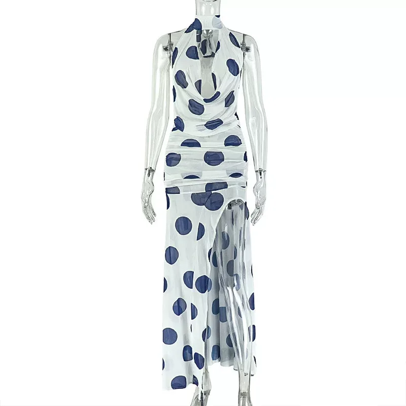 Fashionable Womens Irregular Hem Dress Floral Print Polka Dots Backless Tie Detail Casual or Eve