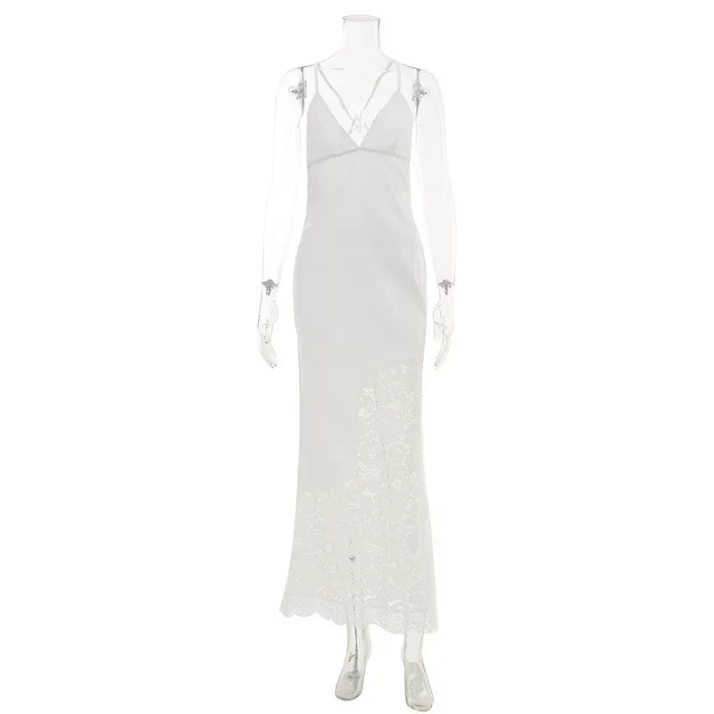 Elegant French Style Lace Trimmed V Neck Cami Dress Hollow Out Sexy Back Adjustable Straps Eveni
