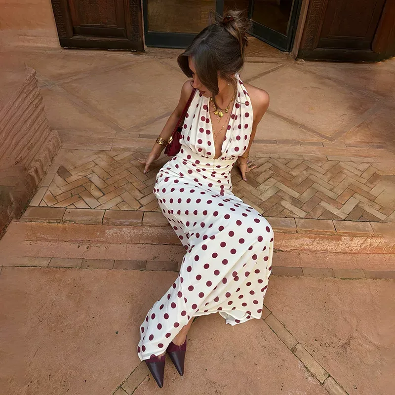 Summer Womens Dress Fashionable Polka Dot Print Sexy Halter Neck Backless Bodycon Maxi Perfect f
