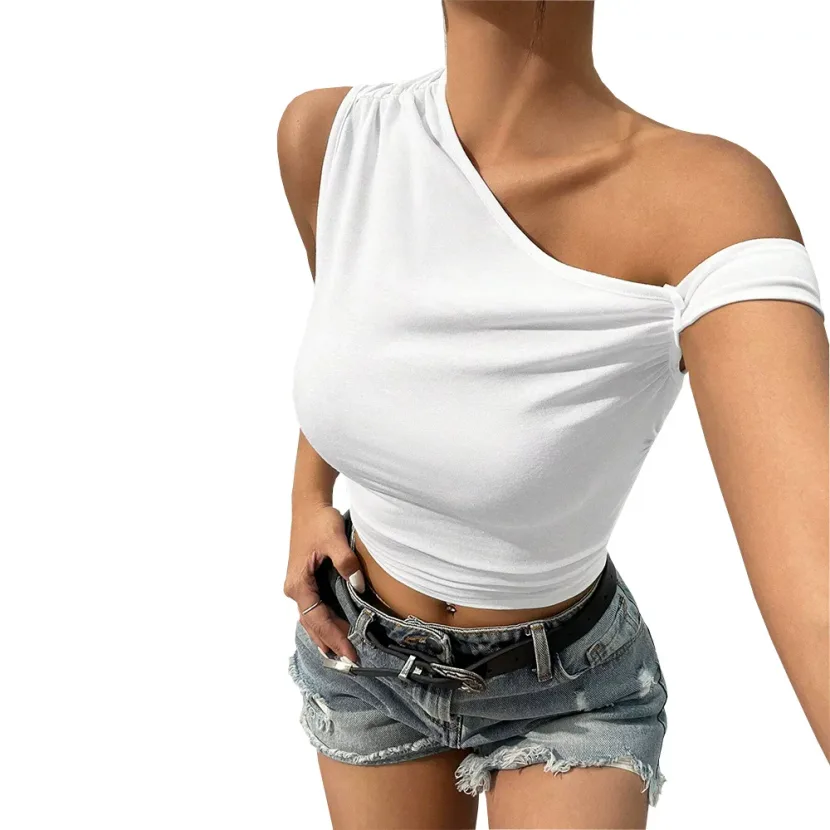 Asymmetrical Shoulder Knit T Shirt Slim Fit Sexy Design Comfortable Fabric Casual Wear for Women