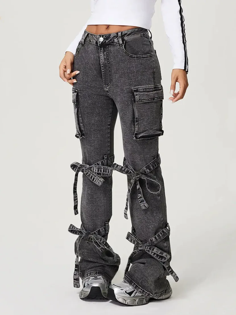 Womens Straight Leg Denim Cargo Pants Mid Rise Large Pockets Casual Style Wholesale Available
