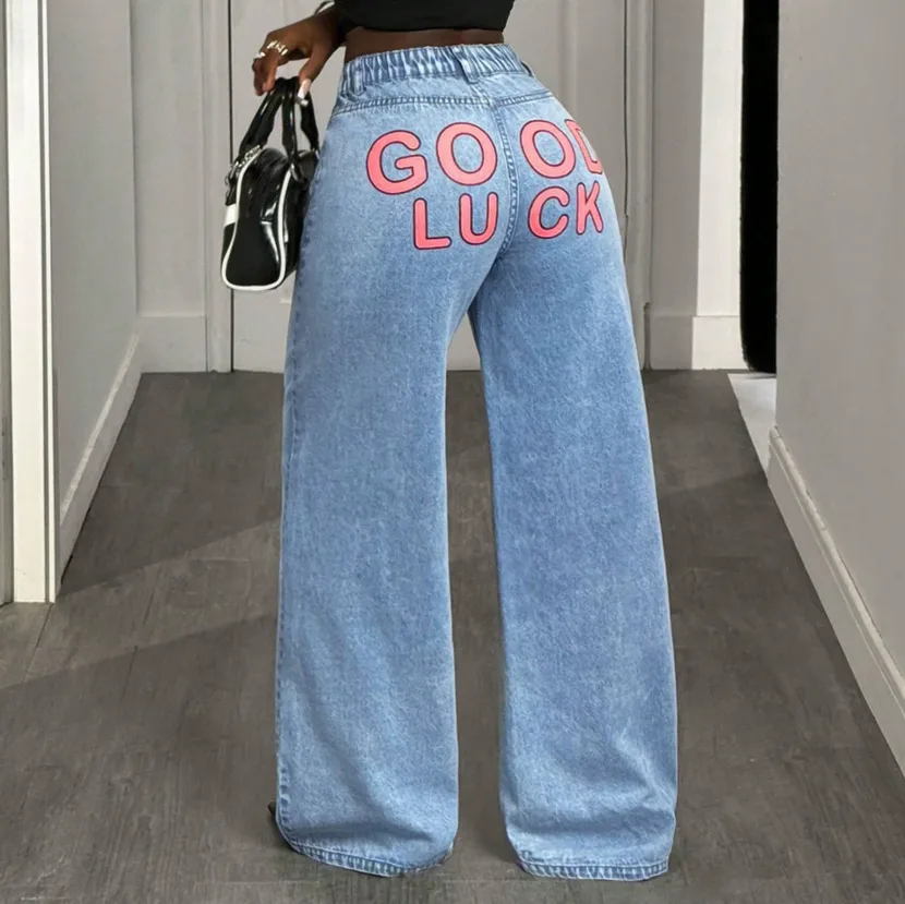 Wide Leg High Waisted Denim Trousers Vintage Style Loose Fit Versatile Design Casual Wear for Wo