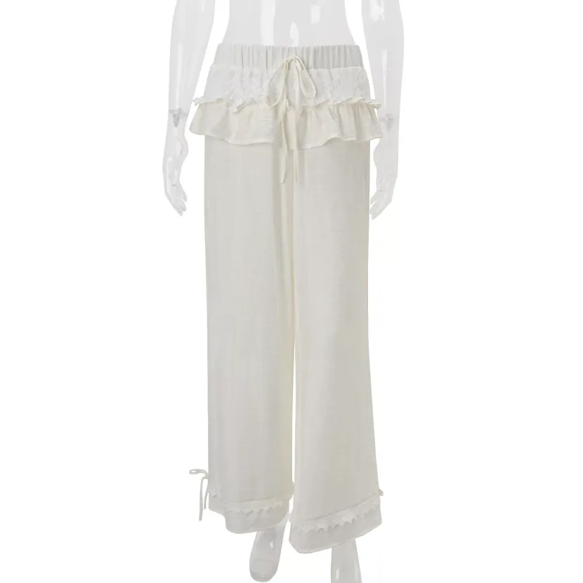 High Waisted Wide Leg Pants Vintage American Style Ruffled Hem Loose Fit Spring Fashion for Wome