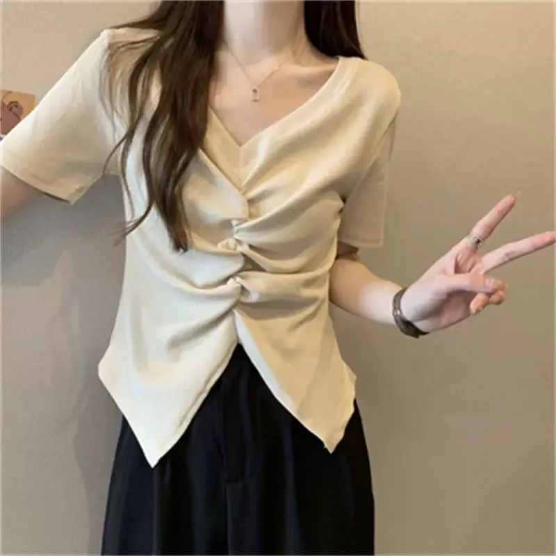 Plus Size Womens V Neck Ruched Slim Fit Short Sleeve T Shirt Unique Design Casual Wear